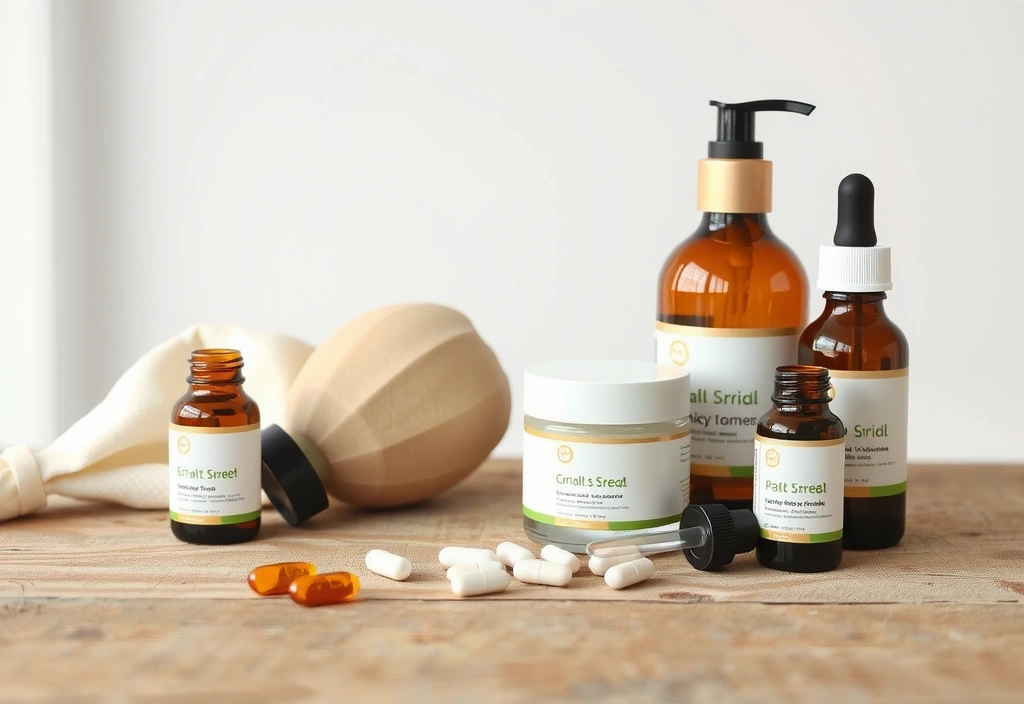 Premium natural wellness products on elegant wooden surface with natural lighting